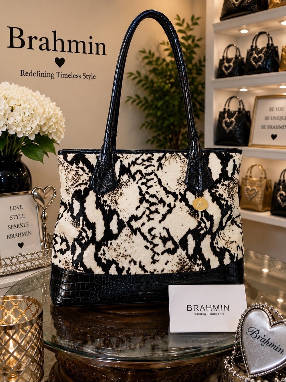 Brahmin Black & Cream Snake-Print calf hair Tote with Croc-Trim - Picture 1 of 7